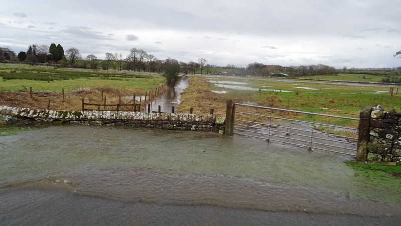 Surface run-off from overloaded drains flowing onto flood plain from B2588, Feb 9th 2020