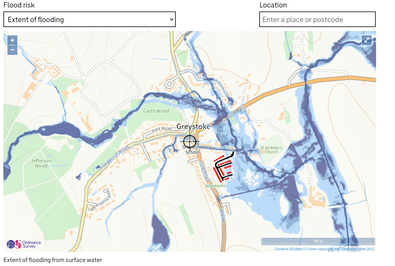 Atkinsons Proposal overlaid on surface water runoff flood map