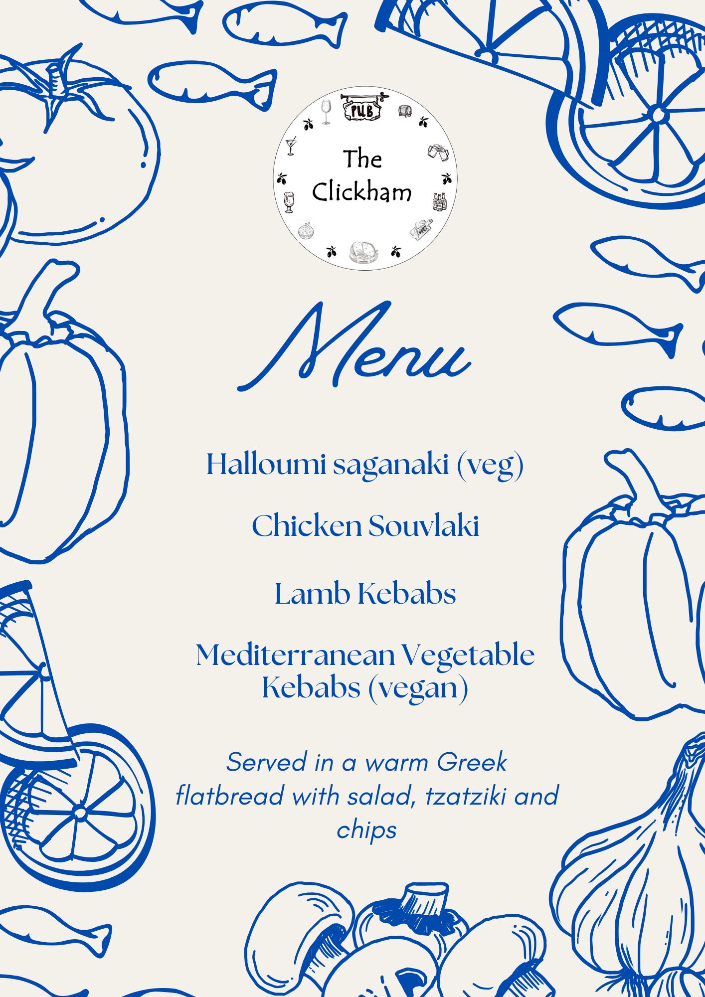 Saturday night beer festival food menu - halloumi saganaki (veg), chicken souvlaki, lamb kebabs, mediterranean vegetable kebabs (vegan) served in a warm Greek flatbread with salad tzatziki and chips